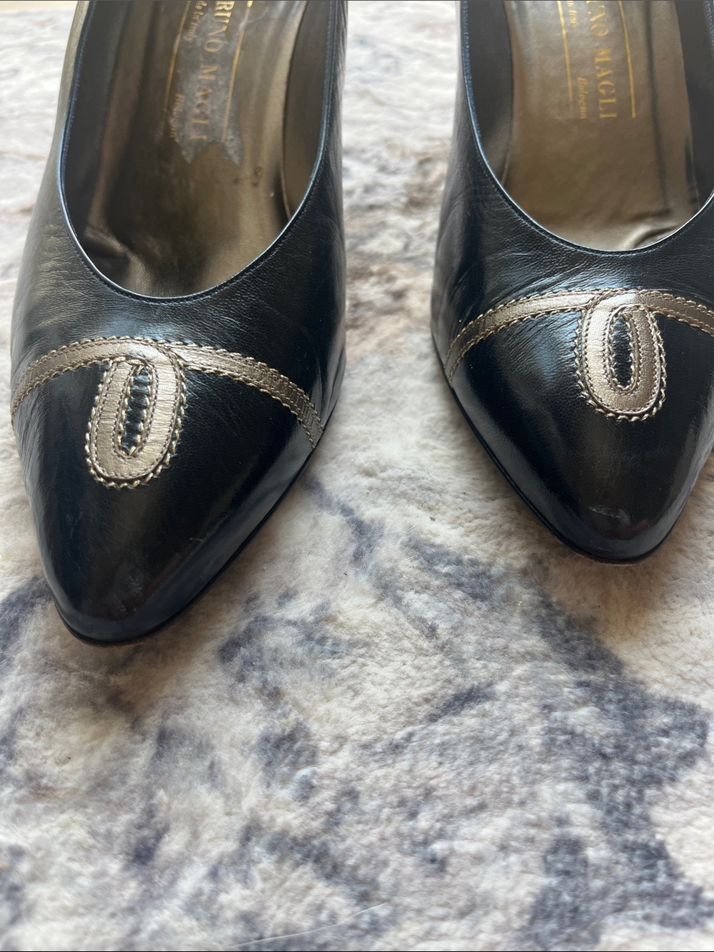Vintage Bruno Magli Navy blue Leather Pointed Toe Pumps with Silver Accent - Picture 6 of 11